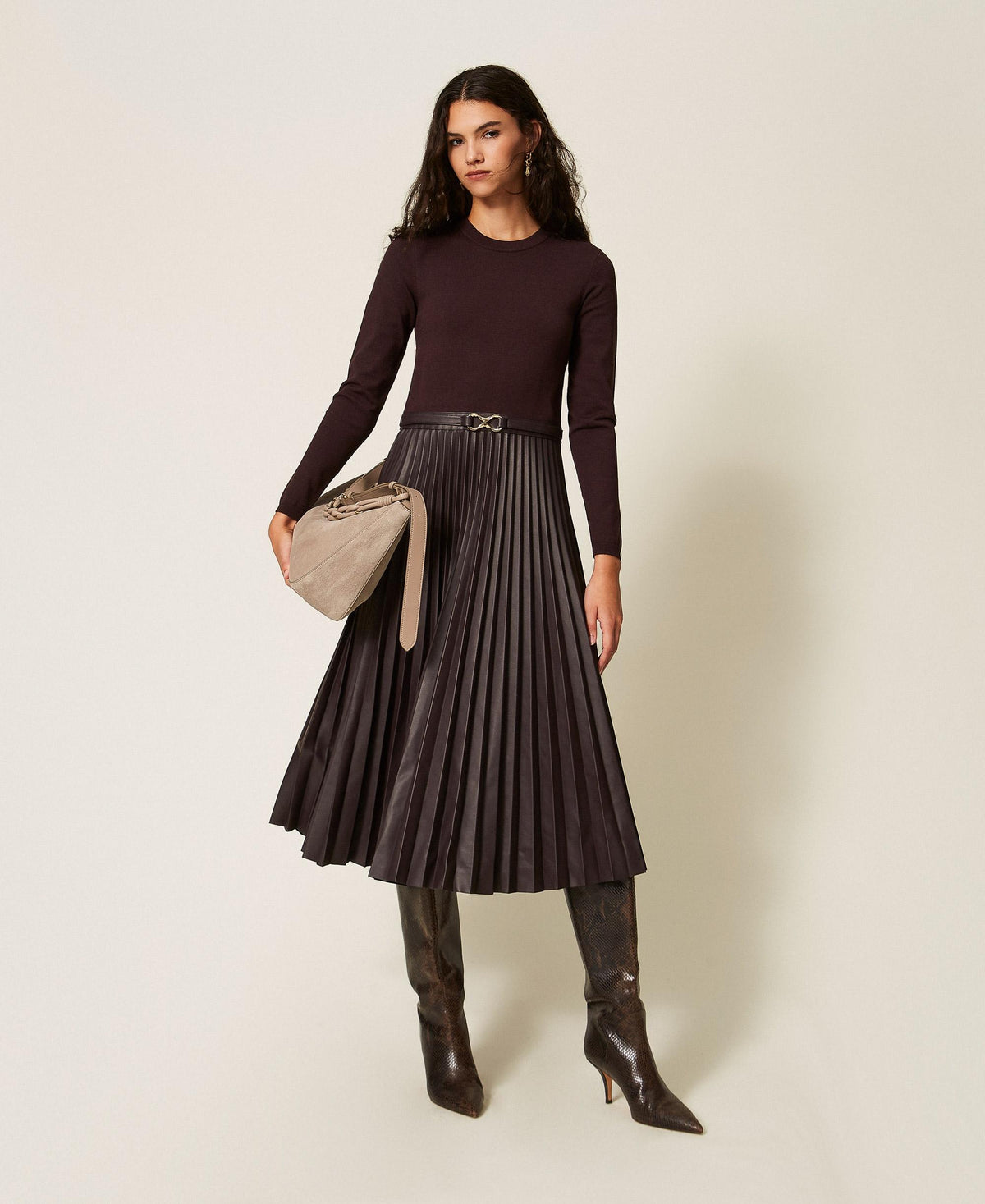 Twinset 262TT3430 - Abito lungo in maglia ed effetto pelle