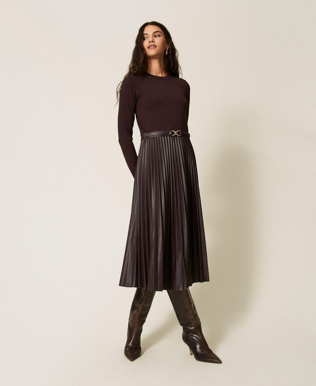 Twinset 262TT3430 - Abito lungo in maglia ed effetto pelle