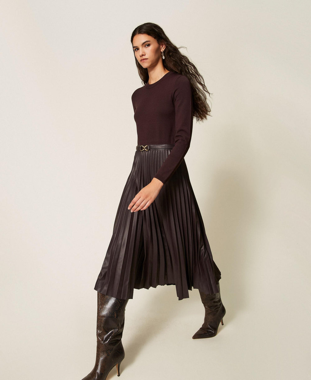Twinset 262TT3430 - Abito lungo in maglia ed effetto pelle