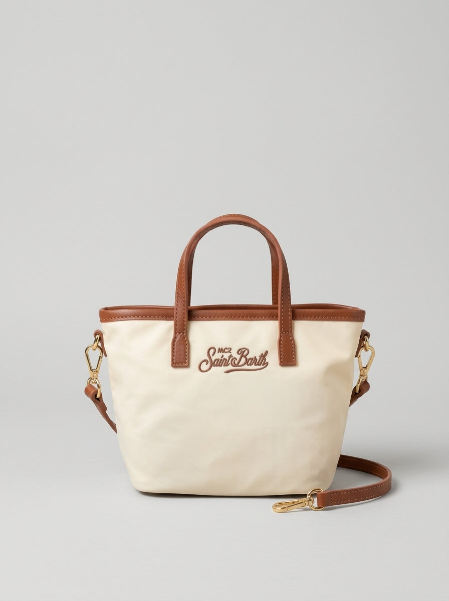 MC2 Saint Barth CITY BAG MINI NYLON CB0005 - Sac City Bag Mini en nylon avec anses et broderie - Crème (1018 Emb)