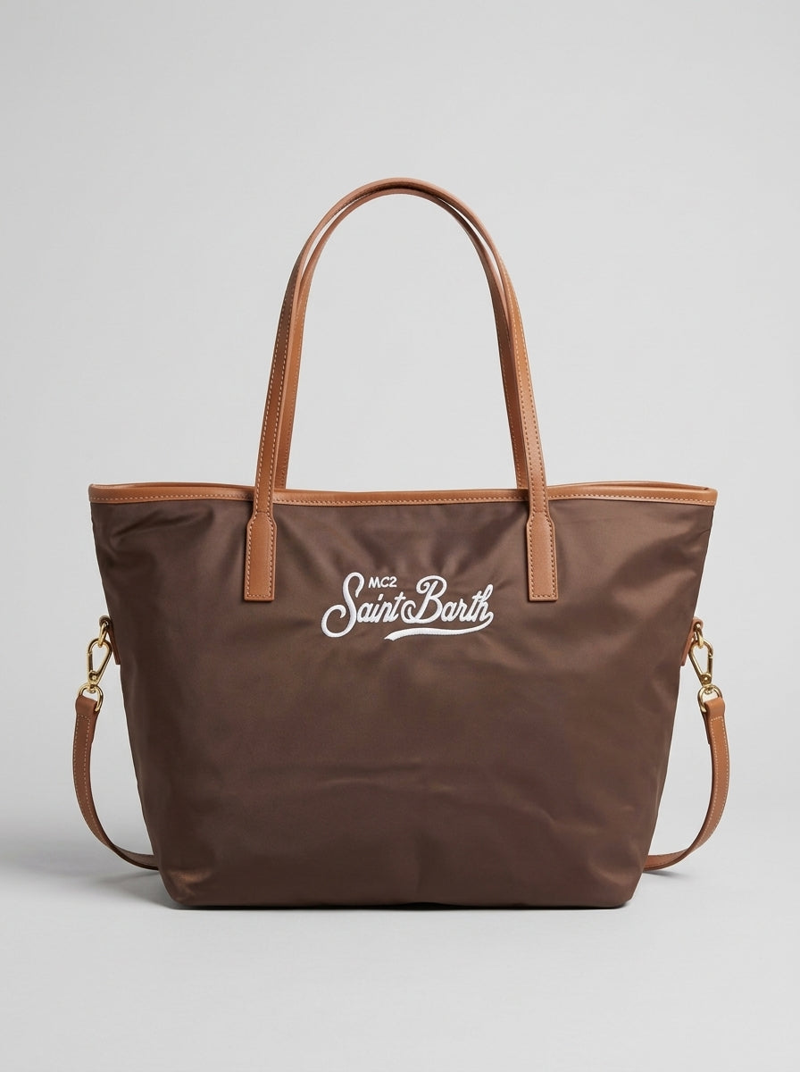 MC2 Saint Barth CITY BAG NYLON CB0002 - Sac porté épaule City Bag en nylon avec anses et broderie - Marron (1818 Emb)