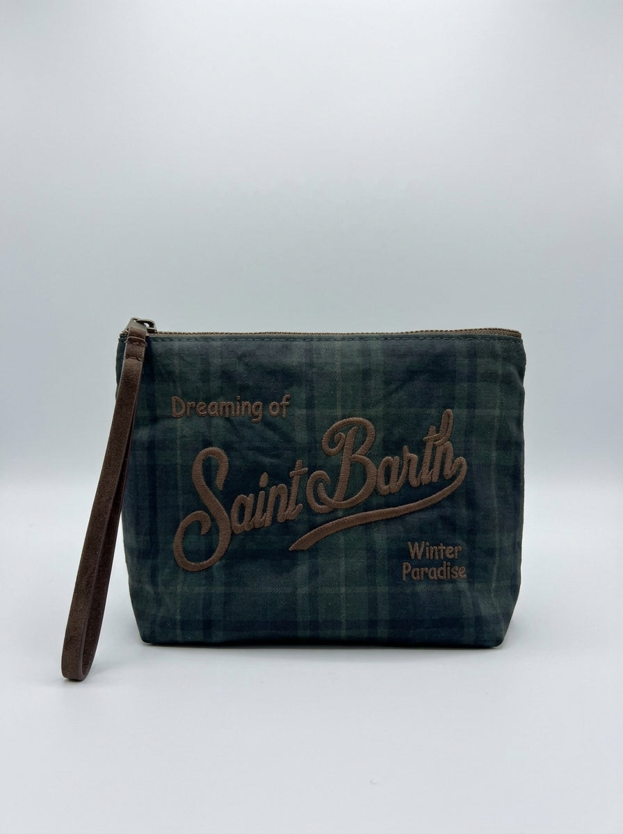 MC2 Saint Barth ALINE WAX ALI0058 - Pochette Aline en coton ciré avec broderie - Tartan Vert (Scott Tartan 52 Emb)