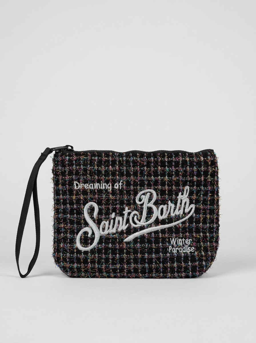 MC2 Saint Barth ALINE TWEED ALI0027 - Pochette Aline en élégant tissu tweed avec broderie - Noir Multicolore (Shiny 00 Col Emb)
