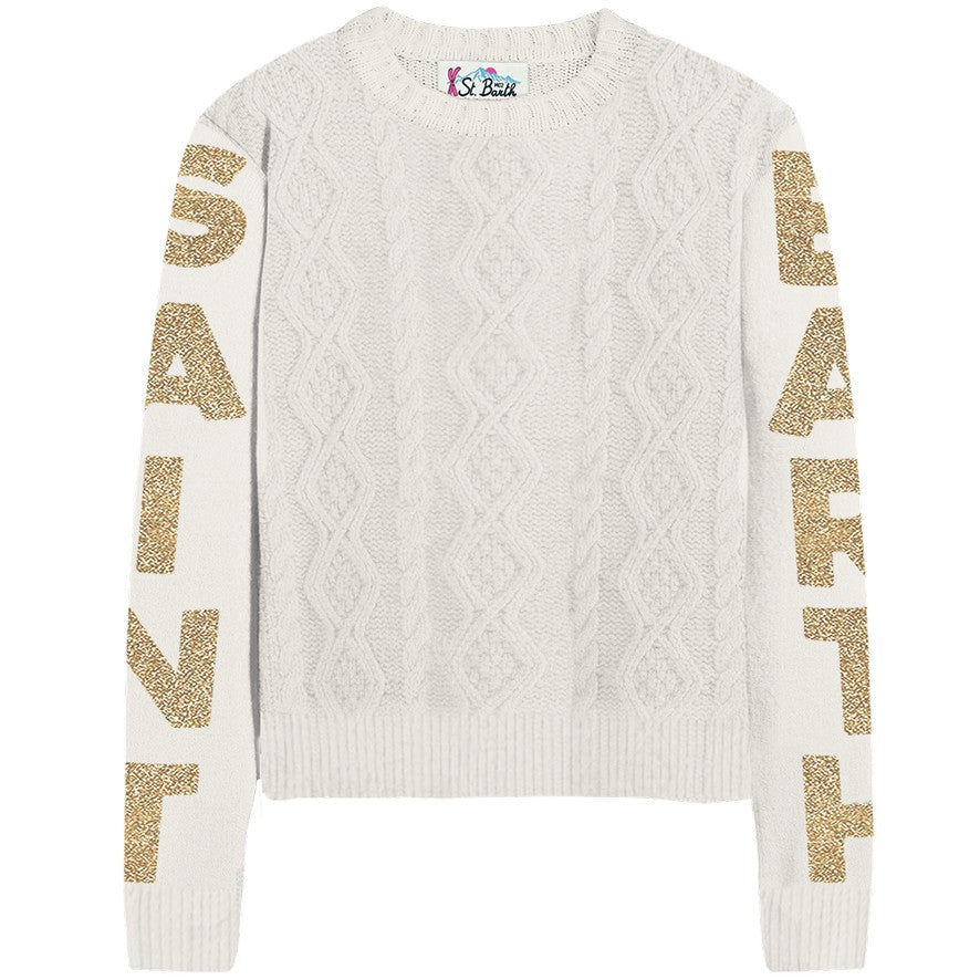 MC2 Saint Barth MALMO ARAN MALM0003 - Maglia Malmo con lavorazione Aran a trecce e dettagli lurex - Panna (St Barth 10or)