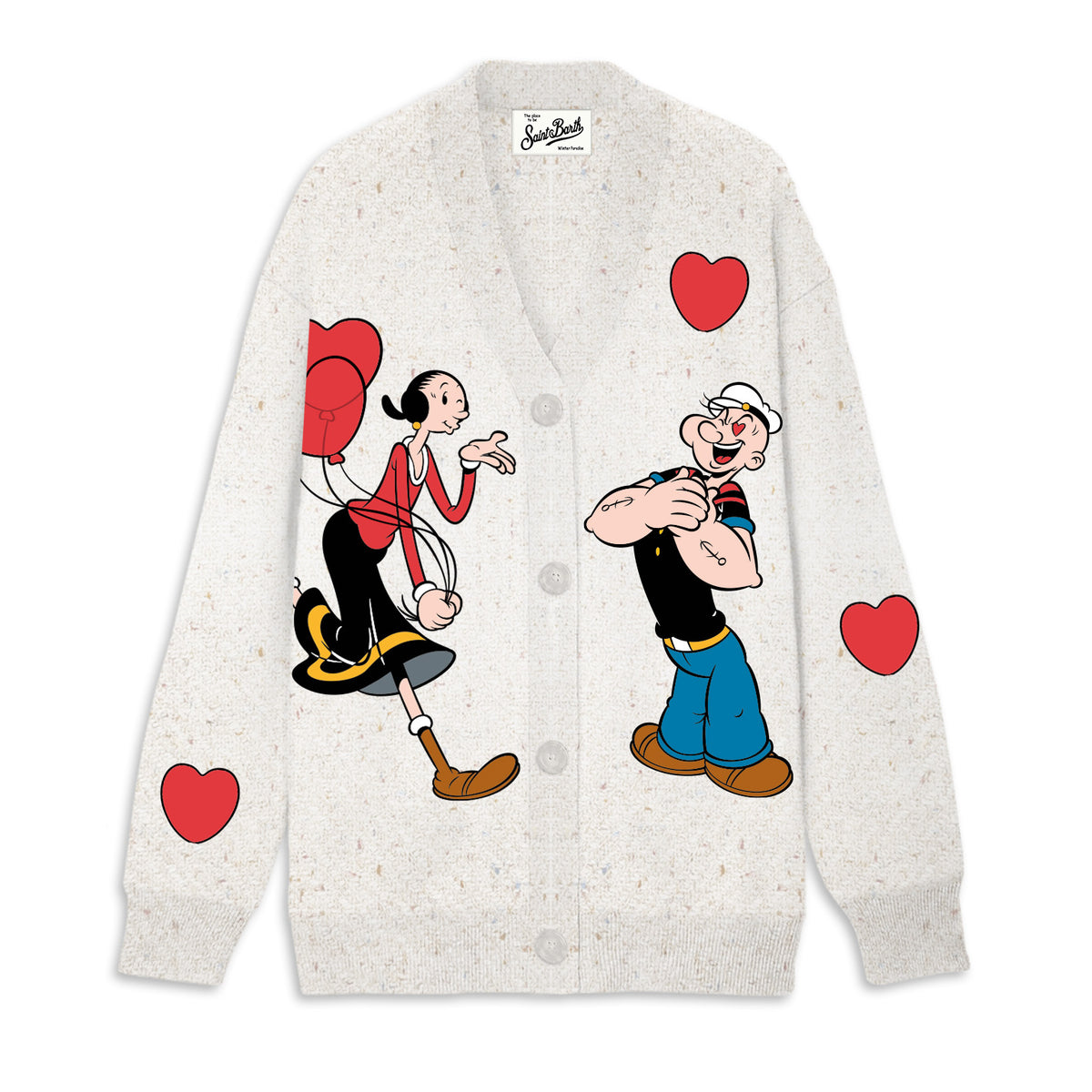 MC2 Saint Barth SASI DONEGAL SASI002 - Cardigan oversize Sasi in filato Donegal con bottoni e ricamo Popeye - Panna (Popeye Loves Olive 10)