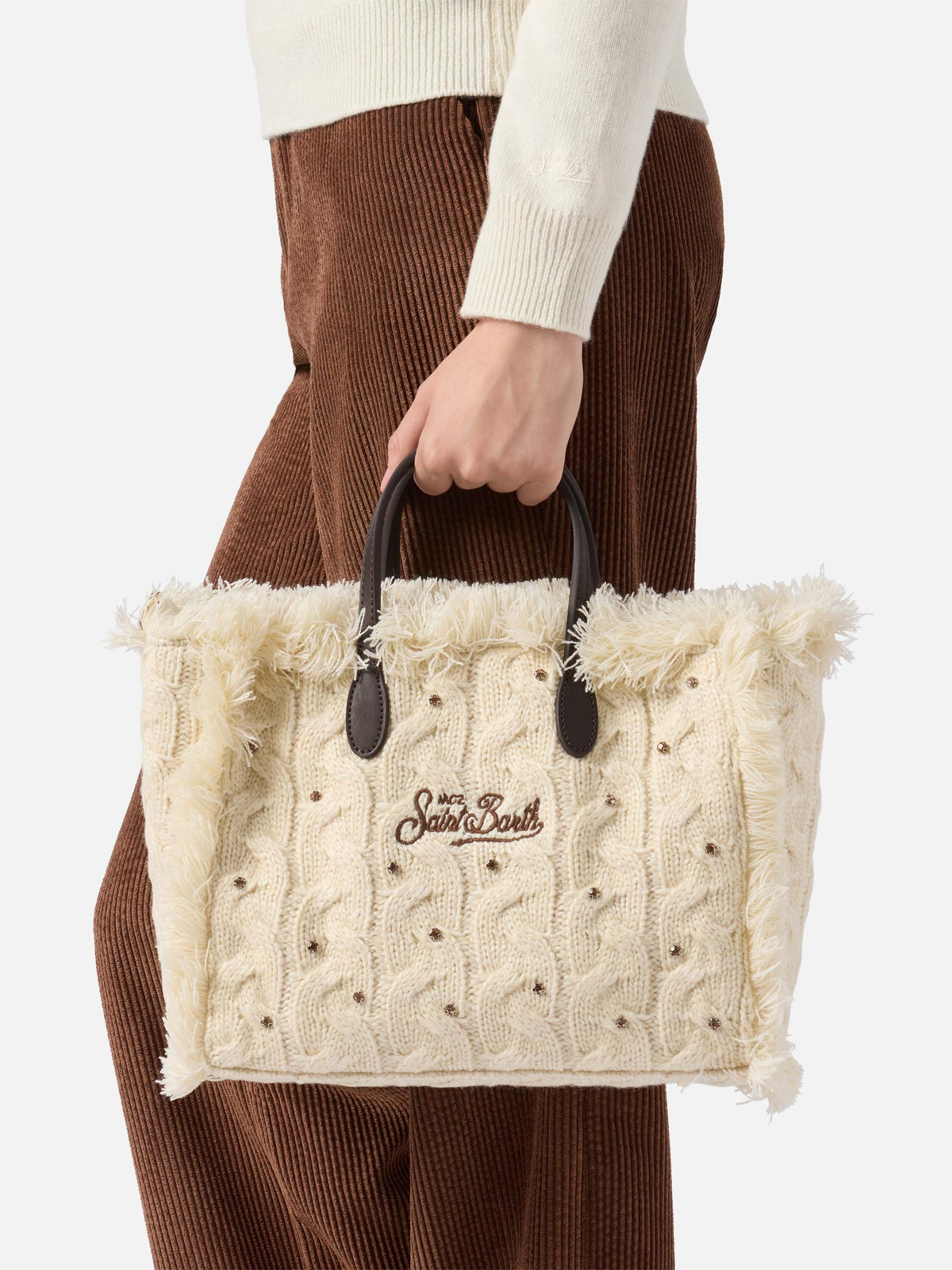 MC2 Saint Barth COLETTE WOOL BRAID N COL0047 - Borsa Colette con lavorazione a trecce e ricamo - Panna a Trecce (Cable 11 Emb)