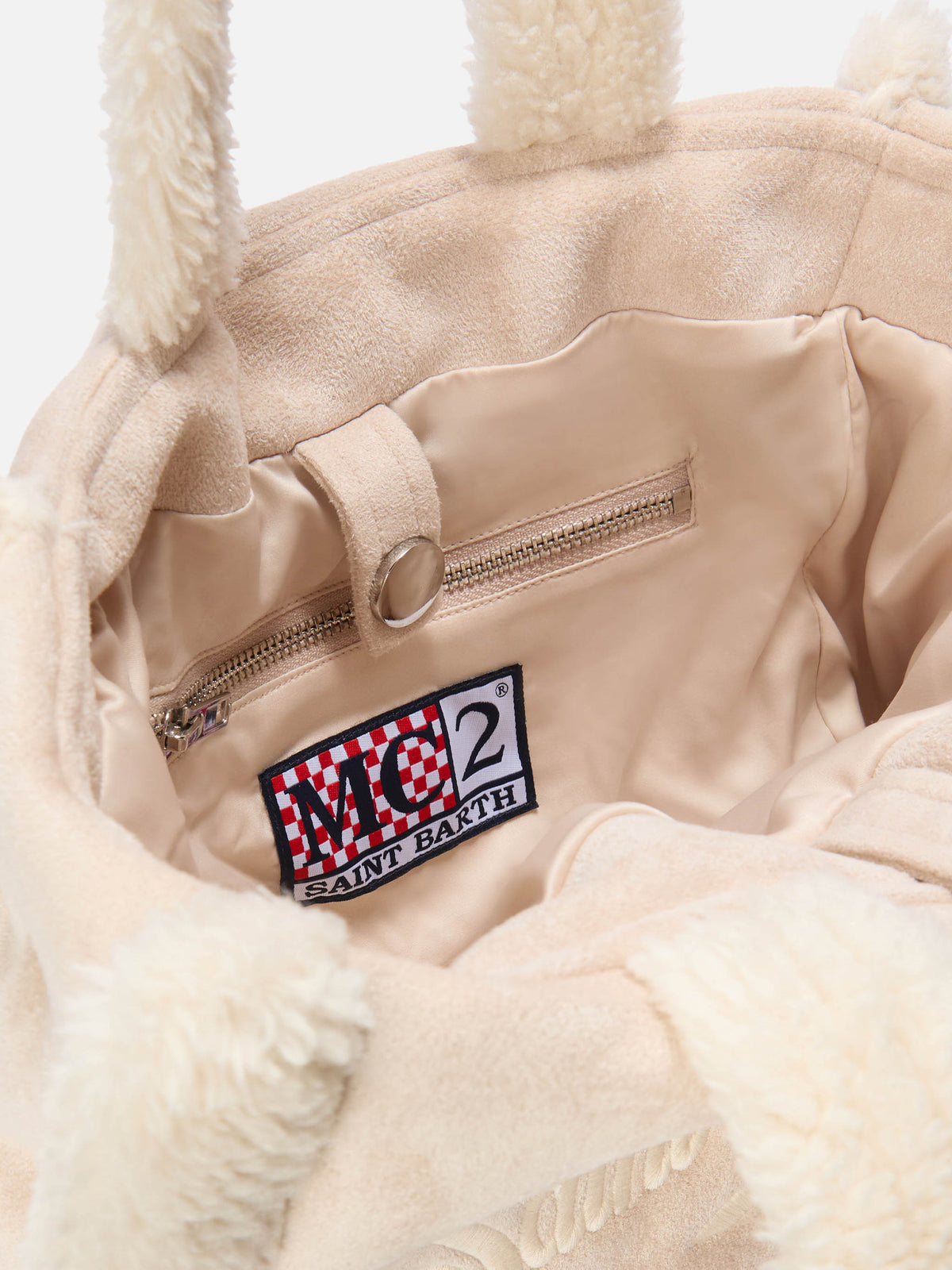 MC2 Saint Barth COLETTE SHEARLING COL0031 - Borsa Colette a mano in tessuto shearling con ricamo - Marrone / Panna (1810 Emb)