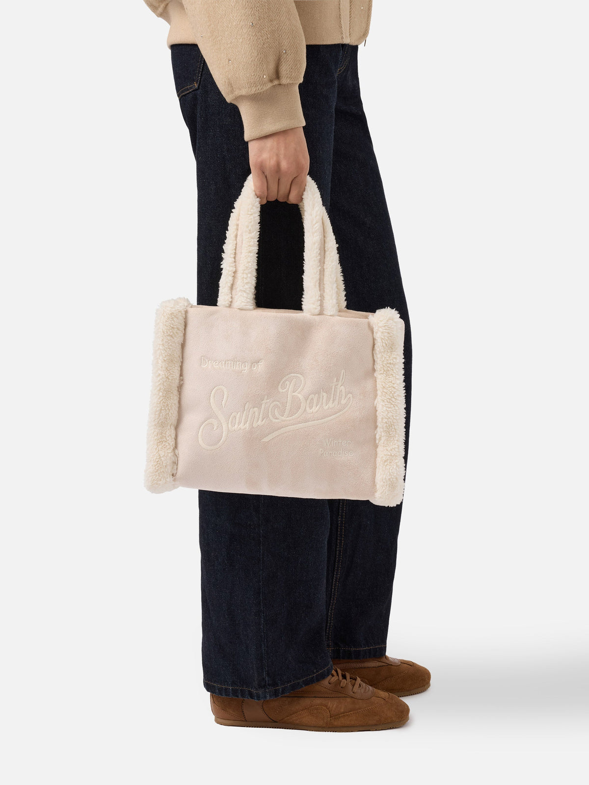 MC2 Saint Barth COLETTE SHEARLING COL0031 - Borsa Colette a mano in tessuto shearling con ricamo - Marrone / Panna (1810 Emb)