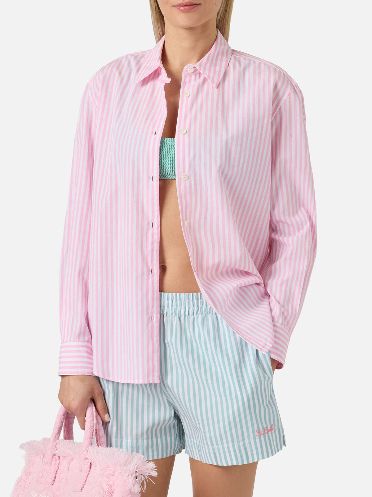MC2 Saint Barth MEREDITH MDH001 - Camicia Meredith a righe in puro cotone con colletto e abbottonatura frontale - Marrone a Righe (Cotton Stripes Tiny V Sb 18d Emb)
