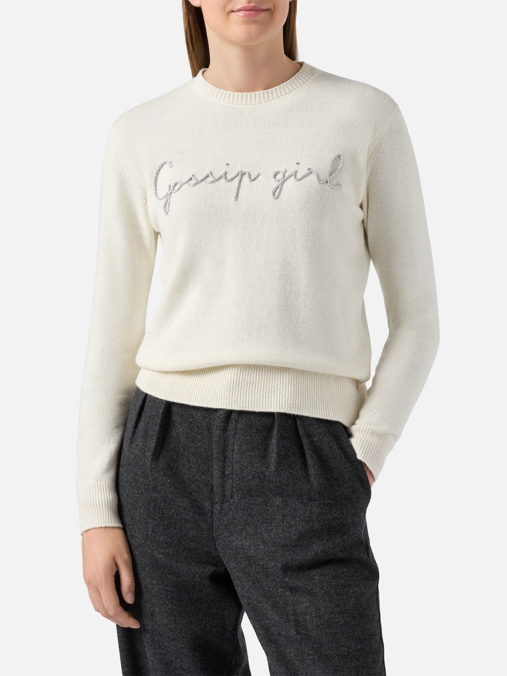 MC2 Saint Barth NEW QUEEN C QUE0018 - Maglia New Queen in misto lana e cashmere con ricamo grafico - Panna (Chalet Rose Girl 21 Emb)