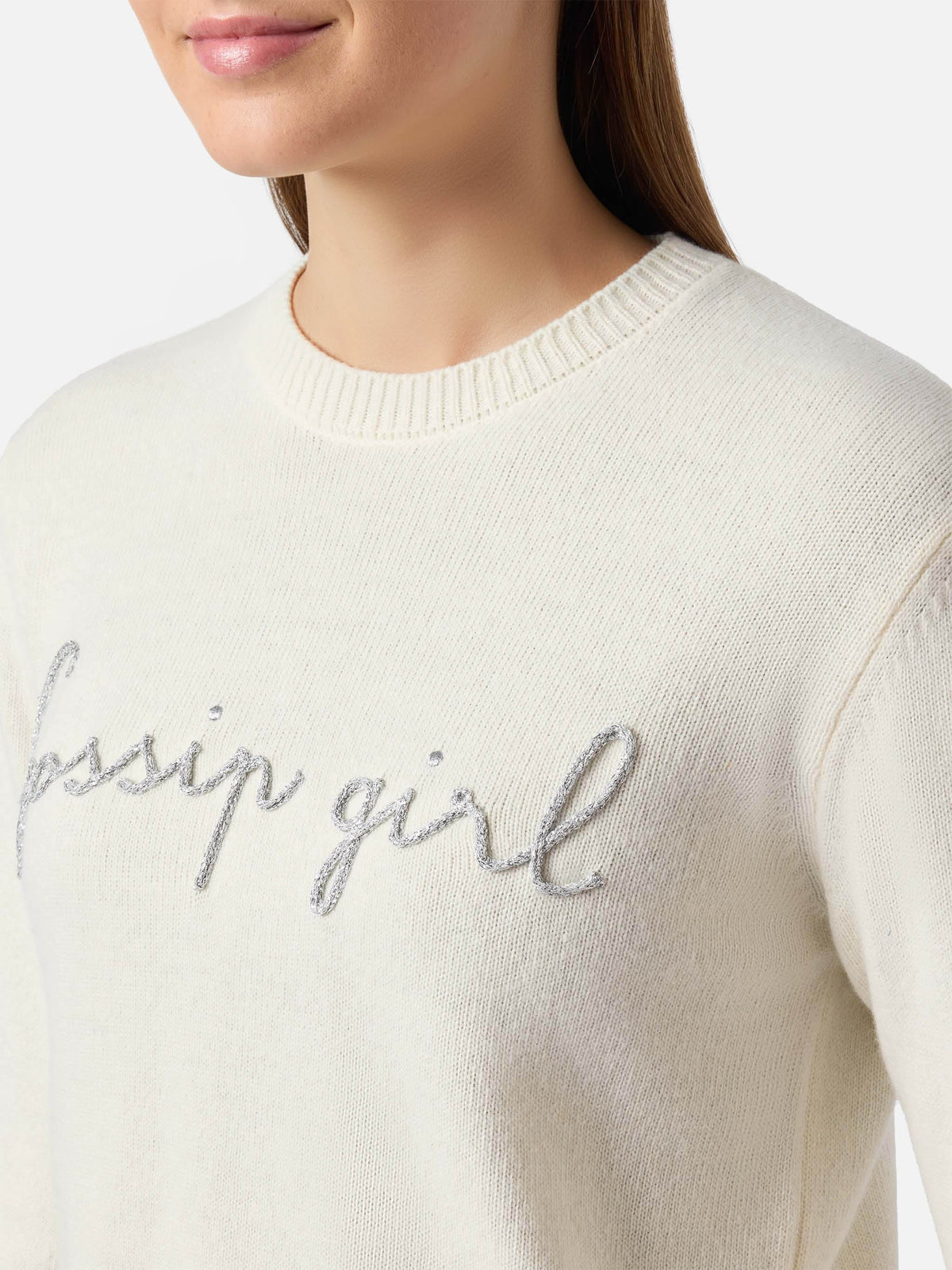 MC2 Saint Barth NEW QUEEN C QUE0018 - Maglia New Queen in misto lana e cashmere con ricamo grafico - Panna (Chalet Rose Girl 21 Emb)