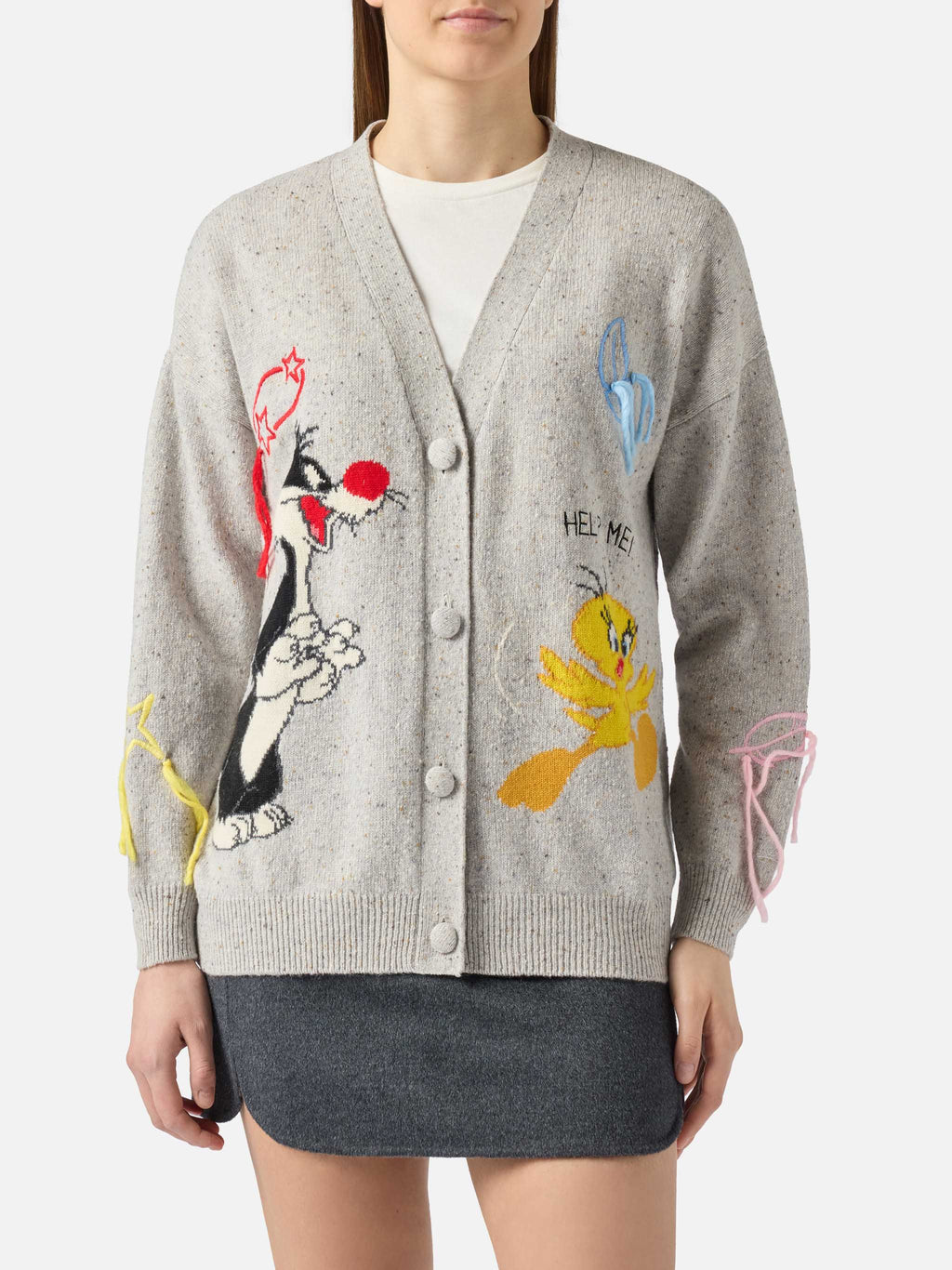 MC2 Saint Barth SASI DONEGAL SASI002 - Cardigan oversize Sasi in filato Donegal con bottoni e ricamo Popeye - Panna (Popeye Loves Olive 10)