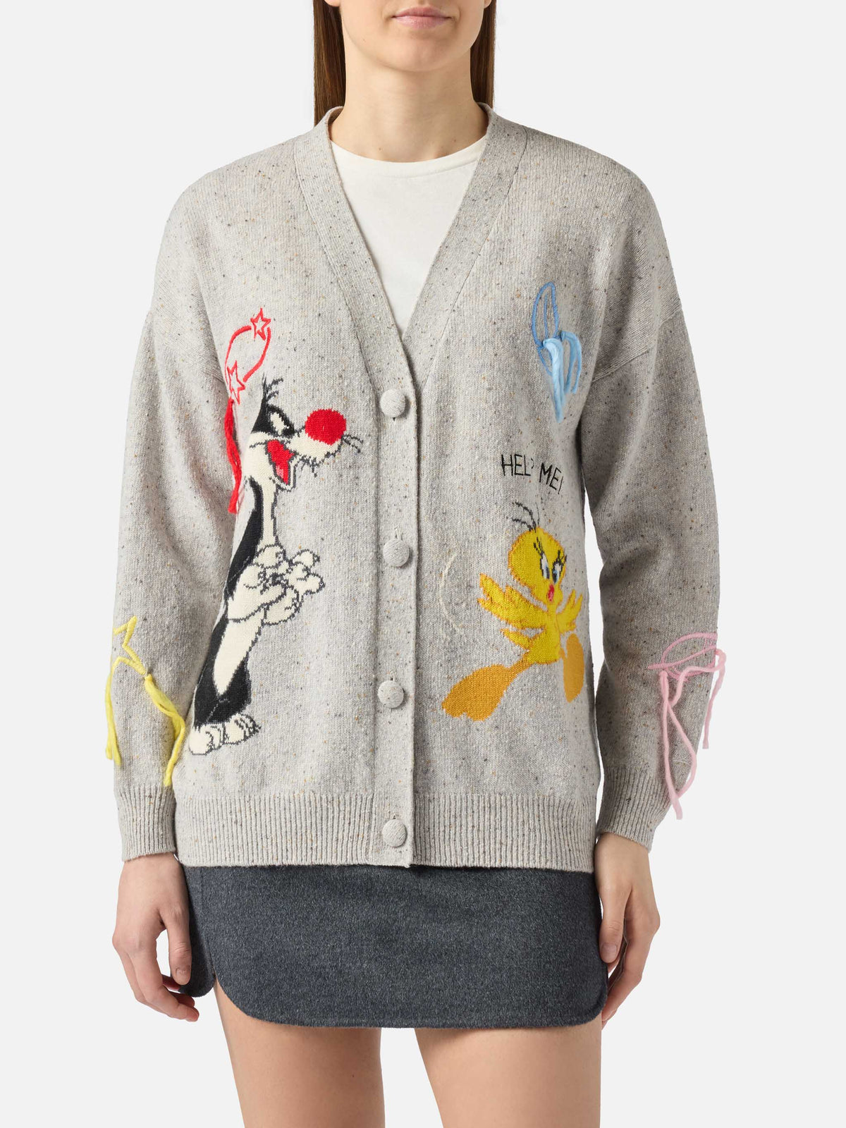 MC2 Saint Barth SASI DONEGAL SASI002 - Cardigan oversize Sasi in filato Donegal con bottoni e ricamo Popeye - Panna (Popeye Loves Olive 10)