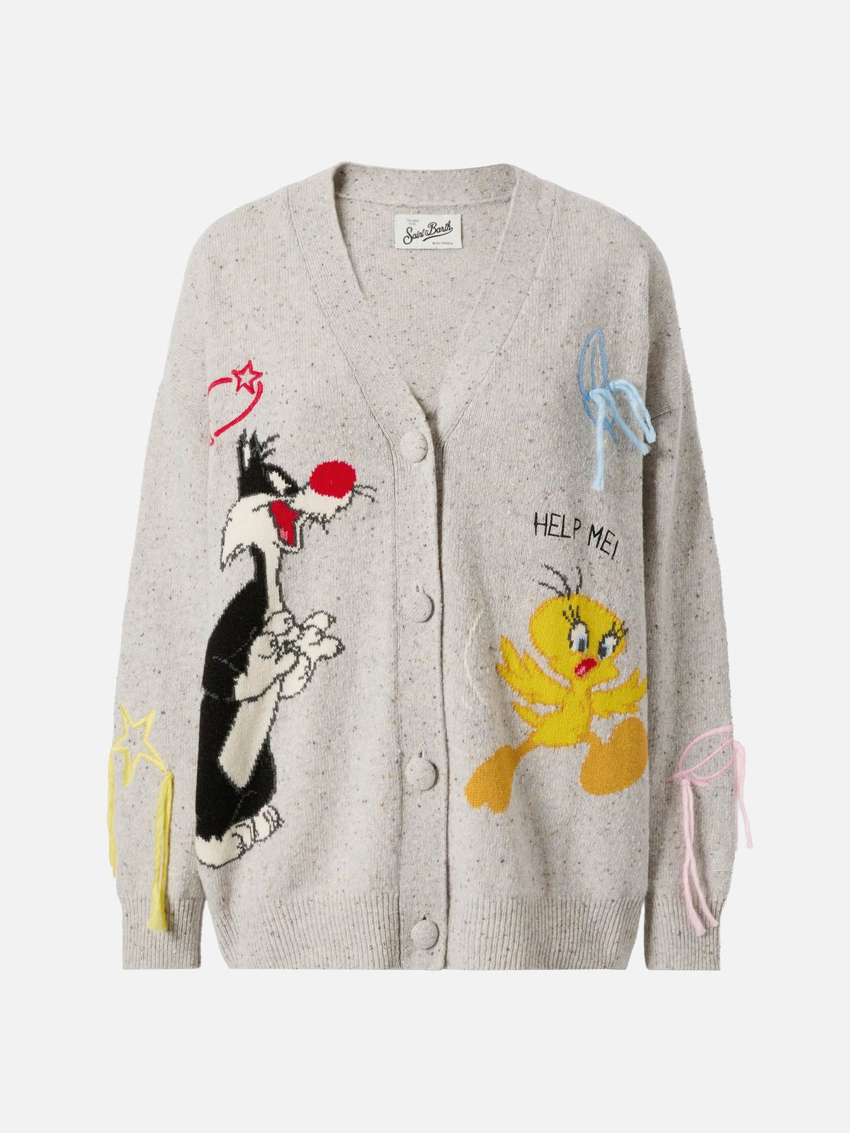 MC2 Saint Barth SASI DONEGAL SASI002 - Cardigan oversize Sasi in filato Donegal con bottoni e ricamo Popeye - Panna (Popeye Loves Olive 10)