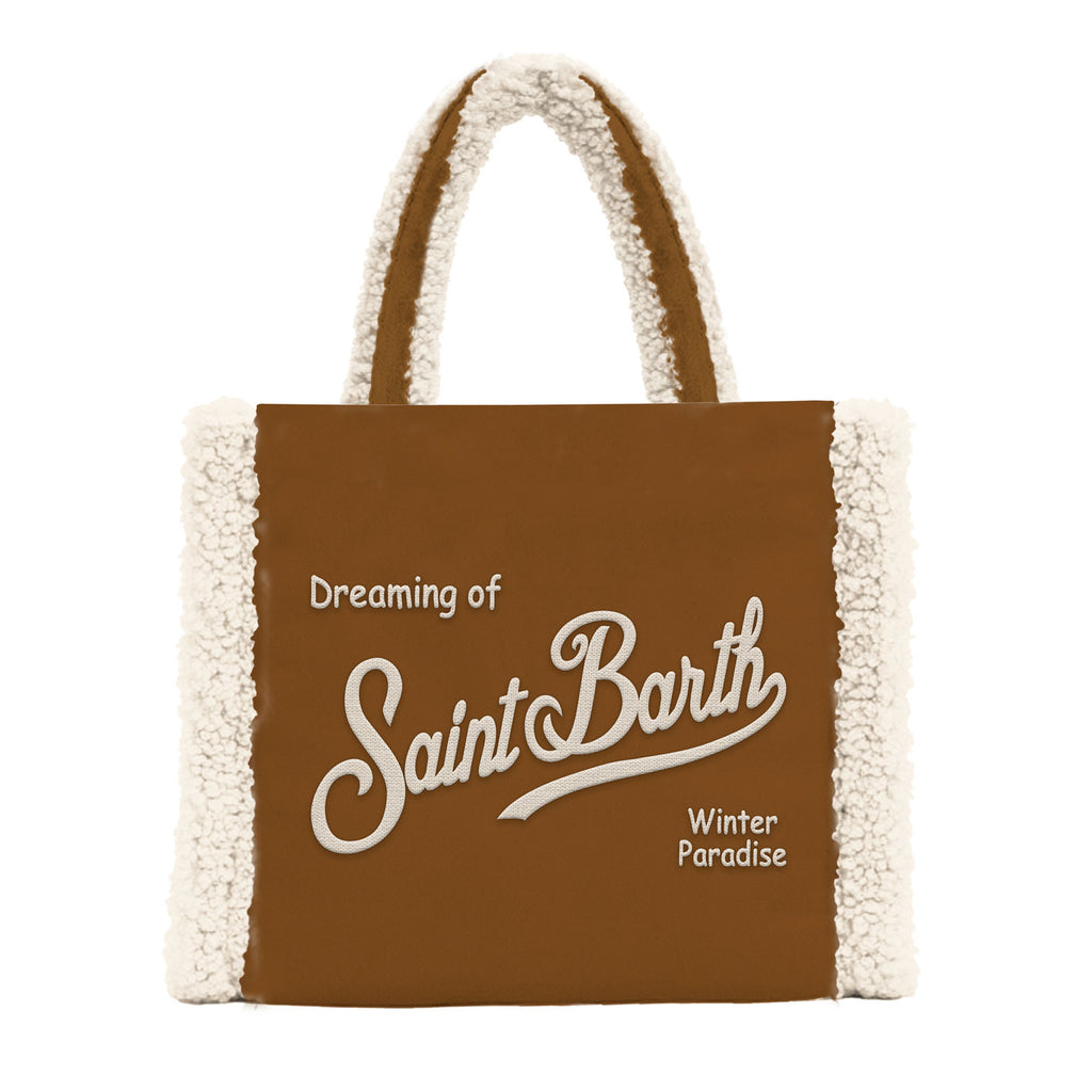 MC2 Saint Barth VANITY MINI SHEARLING VAMI020 - Borsa a mano Vanity Mini in tessuto shearling con ricamo - Marrone / Panna (1810 Emb)