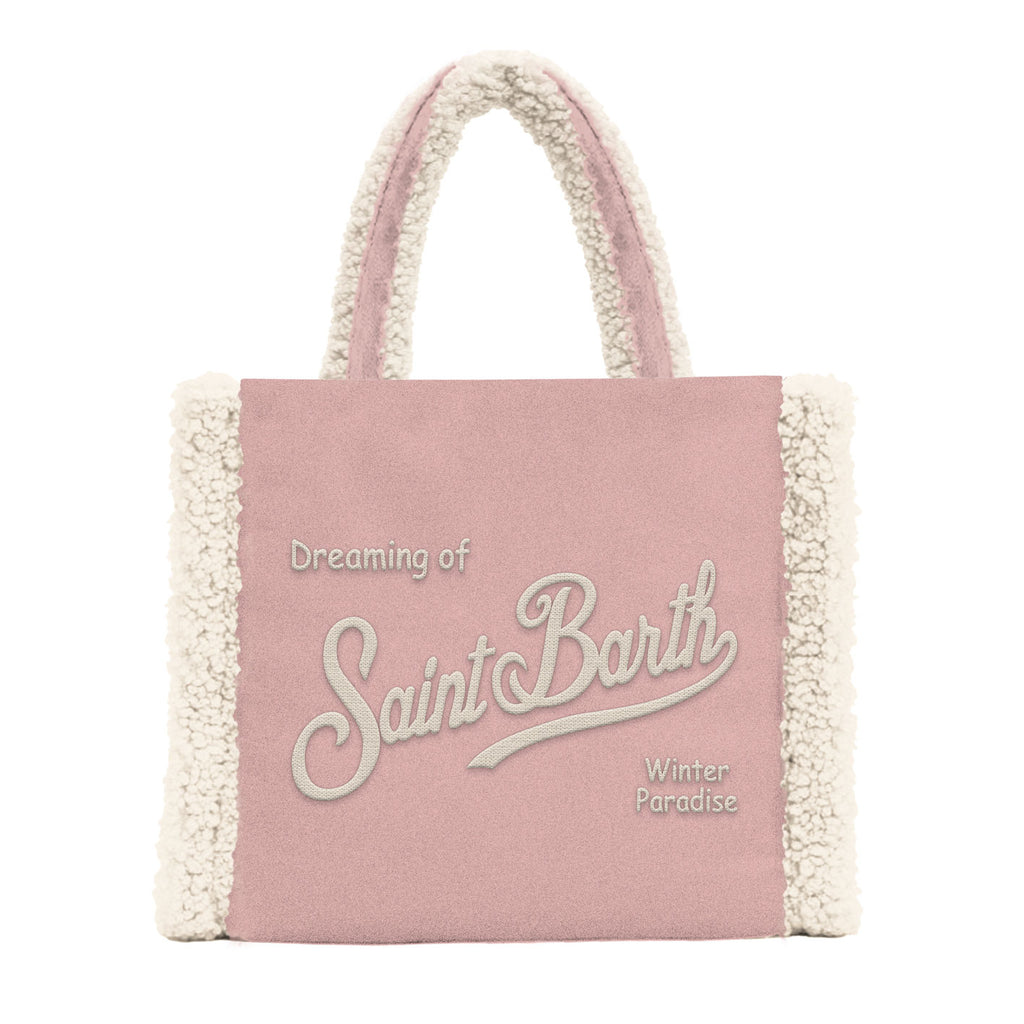 MC2 Saint Barth VANITY MINI SHEARLING VAMI020 - Borsa a mano Vanity Mini in tessuto shearling con ricamo - Rosa / Panna (2110 Emb)